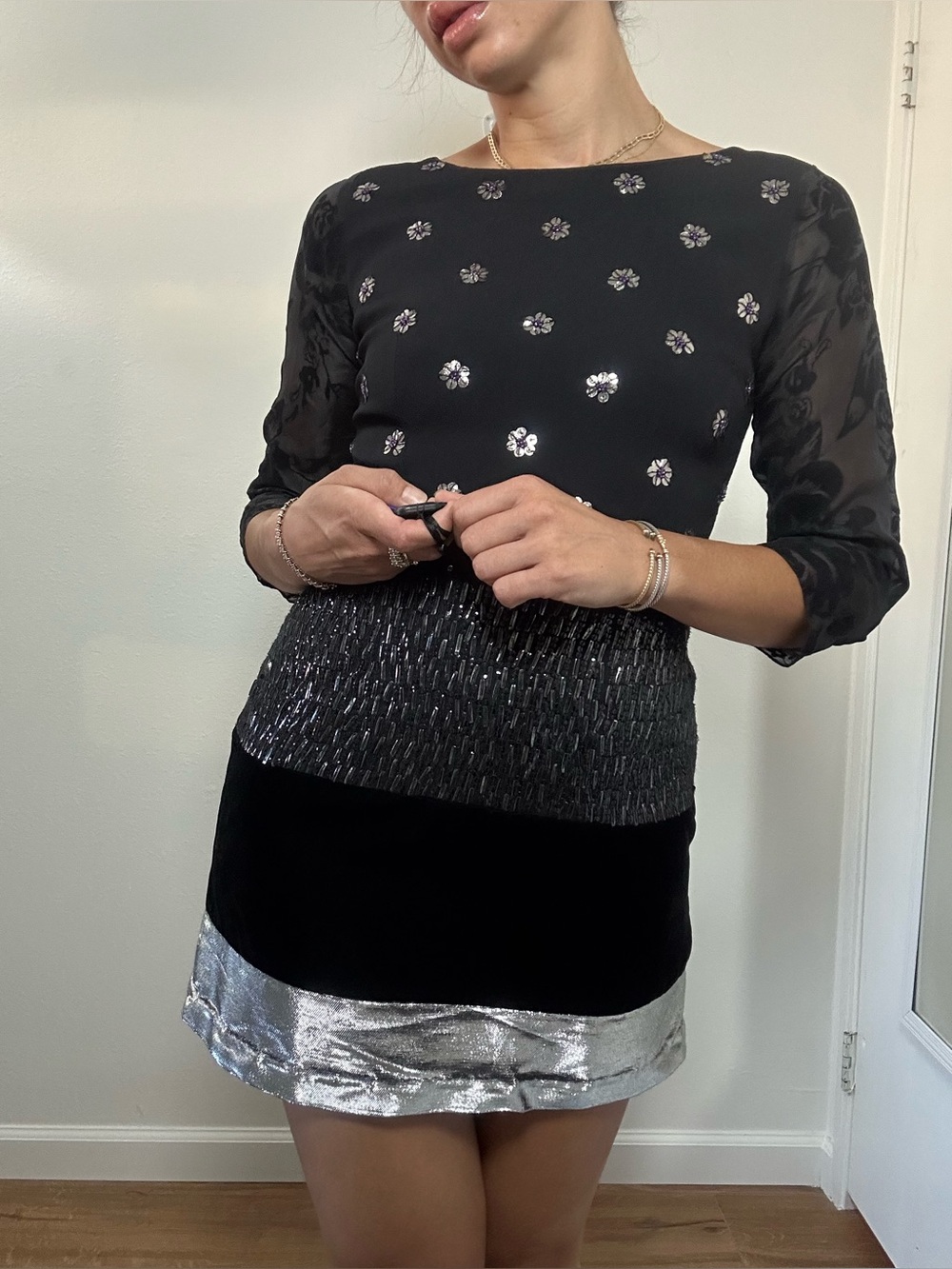 Anthropology Tracy Reese Dreaming Sequin Black Panel Cocktail Mini Dress Size 4